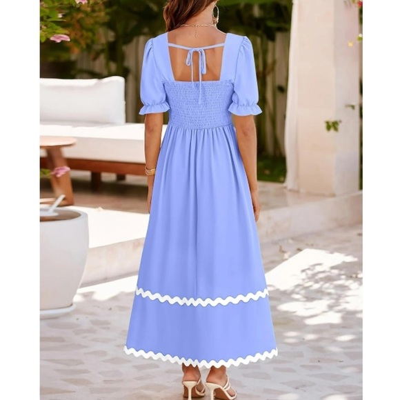 Brand New Blue Flowy Maxi Dress w/ White Ric Rac Tie Back Smocked Puff Sleeves - Picture 16 of 16